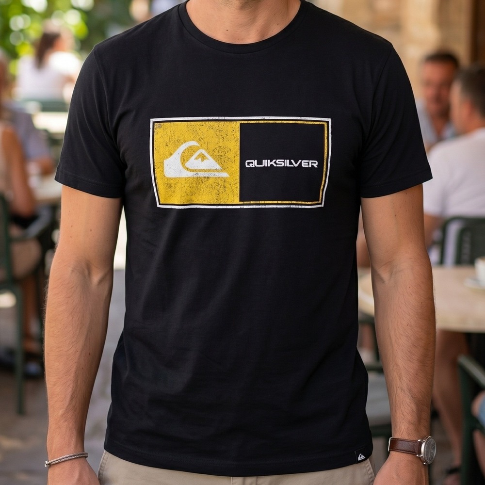 Quiksilver Mens Graphic T-Shirt Black Yellow Logo Surf Skate Tee XL